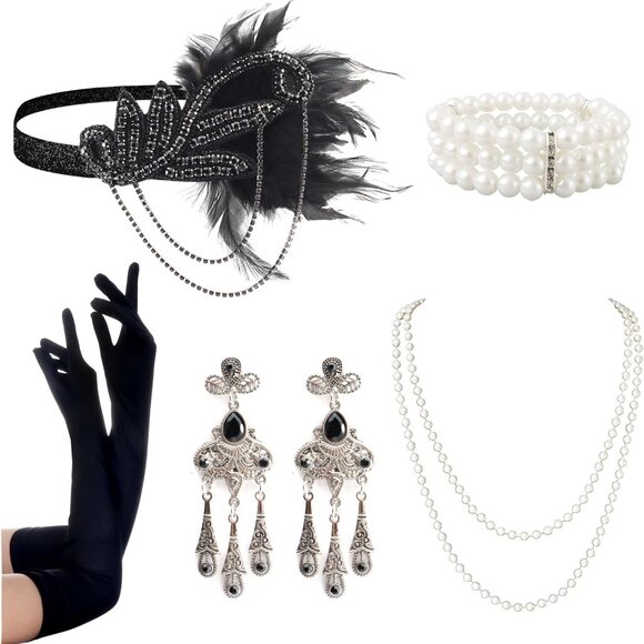Nuoshen 4 Pieces 1920 Accessories Set, 1920s Fashion Flapper Headband